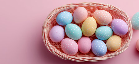 Easter eggs filling a wicker basket on a soft pink background, representing spring holidays. Easter...