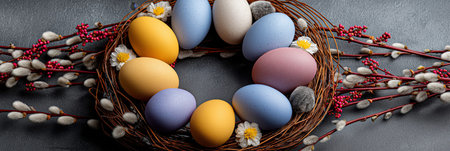 Easter wreath with bright speckled eggs and willow branches celebrating spring holiday. Easter...