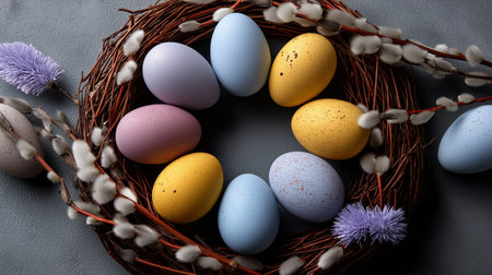 Easter wreath with bright speckled eggs and willow branches celebrating spring holiday. Easter wallpaper. Easter wreath displaying colorful speckled eggs and pussy willow branchesの写真素材