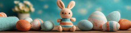 Cute knitted bunny toy sitting with colorful patterned Easter eggs on a rustic wooden table. Easter wallpaper. Easter holiday composition with cute bunny toy and painted eggsの写真素材