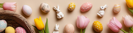 Pastel Easter eggs, bunny figurines, and tulips displaying festive springtime decorations. Easter eggs, rabbits, and tulips celebrating spring holidayの写真素材