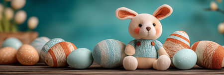 Cute knitted bunny toy sitting with colorful patterned Easter eggs on a rustic wooden table. Easter...