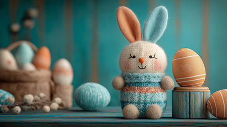 Cute knitted bunny toy sitting with colorful patterned Easter eggs on a rustic wooden table. Easter...