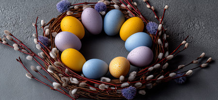 Easter wreath with bright speckled eggs and willow branches celebrating spring holiday. Easter...