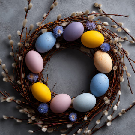Easter wreath with bright speckled eggs and willow branches celebrating spring holiday. Easter...