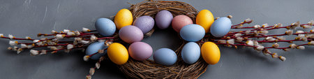 Easter wreath with bright speckled eggs and willow branches celebrating spring holiday. Easter wallpaper. Easter wreath displaying colorful speckled eggs and pussy willow branchesの写真素材