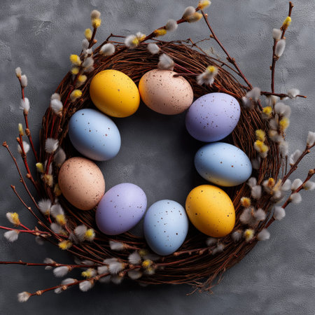 Easter wreath with bright speckled eggs and willow branches celebrating spring holiday. Easter...