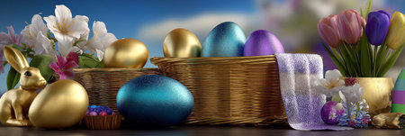 Baskets filled with spring flowers and golden eggs symbolizing Easter celebration. Festive golden...