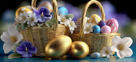 Baskets filled with spring flowers and golden eggs symbolizing Easter celebration. Festive golden...