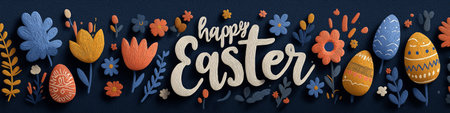 Happy Easter greeting with textured typography, decorative eggs, and playful floral elements. Easter...