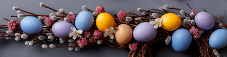 Easter wreath with bright speckled eggs and willow branches celebrating spring holiday. Easter...