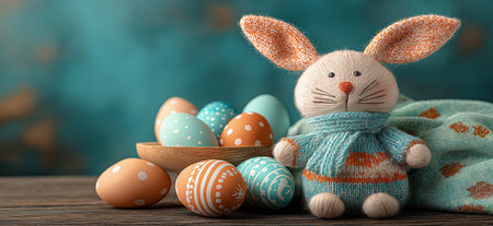Cute knitted bunny toy sitting with colorful patterned Easter eggs on a rustic wooden table. Easter wallpaper. Easter holiday composition with cute bunny toy and painted eggsの写真素材