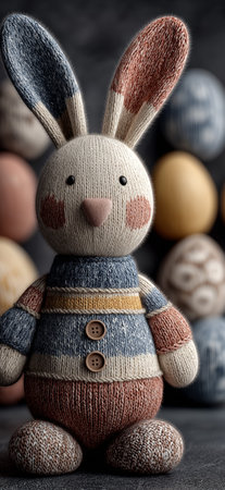 Knitted Easter bunny toy celebrating spring holiday with colorful background eggs. Knitted Easter bunny toy sitting among eggs greeting cardの写真素材