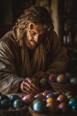 Jesus Christ decorating vibrant Easter eggs on a table with brushes and paint. Easter wallpaper....