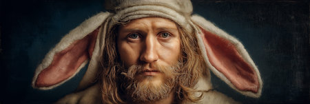 Jesus Christ wearing rabbit ears, blending religious and secular Easter symbols. Easter wallpaper. Jesus Christ wearing Easter bunny ears for holidayの写真素材