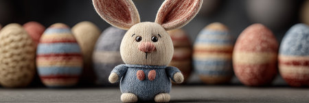Knitted Easter bunny toy celebrating spring holiday with colorful background eggs. Knitted Easter bunny toy sitting among eggs greeting cardの写真素材