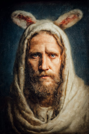 Jesus Christ wearing rabbit ears, blending religious and secular Easter symbols. Easter wallpaper. Jesus Christ wearing Easter bunny ears for holidayの写真素材