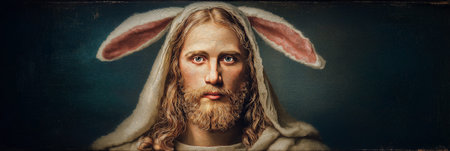 Jesus Christ wearing rabbit ears, blending religious and secular Easter symbols. Easter wallpaper. Jesus Christ wearing Easter bunny ears for holidayの写真素材
