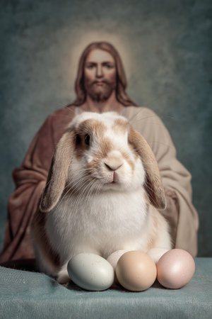 Man in bunny ears looking directly at camera, surrounded by pastel Easter eggs. Man dressed as...