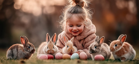 Happy child playing with soft bunnies and colorful eggs on grass during spring. Easter background....