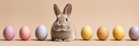Man in bunny ears looking directly at camera, surrounded by pastel Easter eggs. Man dressed as...