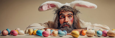 Man in bunny ears looking directly at camera, surrounded by pastel Easter eggs. Man dressed as Easter bunny with colorful eggsの写真素材