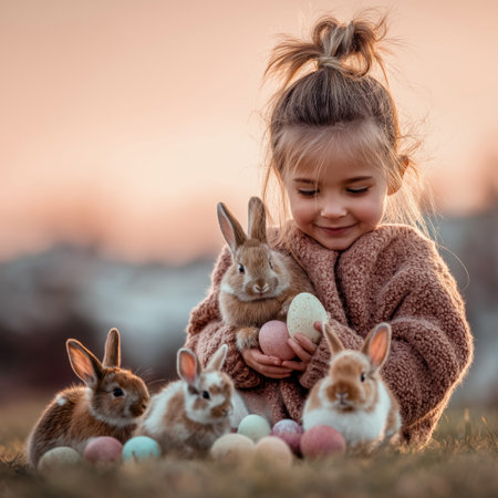 Happy child playing with soft bunnies and colorful eggs on grass during spring. Easter background....