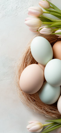 Pastel colored eggs in a natural nest with soft tulips on a light background. Minimalist Easter flatlay with pastel eggs and spring tulipsの写真素材