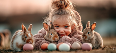 Happy child playing with soft bunnies and colorful eggs on grass during spring. Easter background....