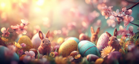 Cute bunnies celebrating Easter surrounded by decorated eggs and blooming cherry blossoms. Little bunnies finding colorful Easter eggs in spring gardenの写真素材