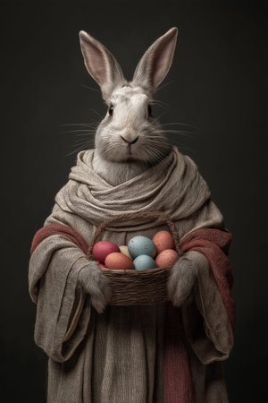Man in bunny ears looking directly at camera, surrounded by pastel Easter eggs. Man dressed as...