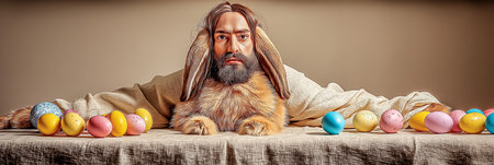 Man in bunny ears looking directly at camera, surrounded by pastel Easter eggs. Man dressed as Easter bunny with colorful eggsの写真素材