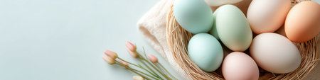 Pastel colored eggs in a natural nest with soft tulips on a light background. Minimalist Easter flatlay with pastel eggs and spring tulipsの写真素材