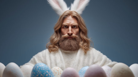 Man in bunny ears looking directly at camera, surrounded by pastel Easter eggs. Man dressed as Easter bunny with colorful eggsの写真素材