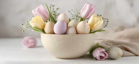 Delicate pastel Easter eggs with fresh tulips creating a soft still life. Easter background. Pastel...