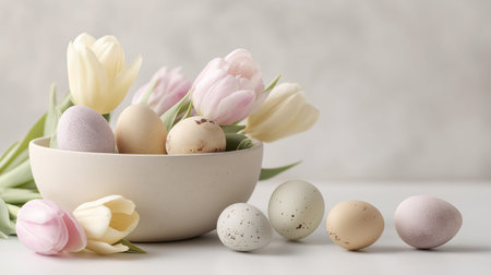 Delicate pastel Easter eggs with fresh tulips creating a soft still life. Easter background. Pastel...