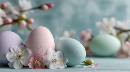 Pastel colored eggs with spring flowers creating an elegant seasonal arrangement. Pastel Easter eggs...