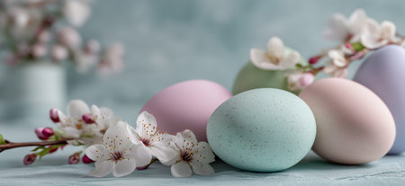 Pastel colored eggs with spring flowers creating an elegant seasonal arrangement. Pastel Easter eggs...