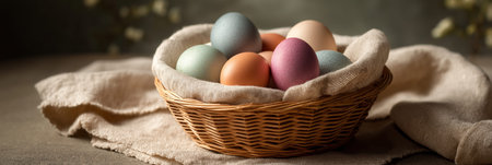 Pastel colored eggs fill a woven wicker basket on a beige linen cloth banner. Pastel easter eggs...