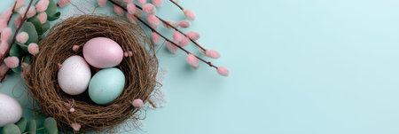Easter eggs resting in nest on blue background with copy space. Easter banner. Pastel Easter eggs in a bird's nest with spring branches on a light blue backgroundの写真素材