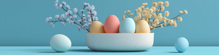 Pastel Easter eggs in a minimalist bowl with delicate spring flowers on a blue background. Pastel...