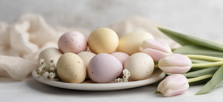 Delicate pastel Easter eggs with fresh tulips creating a soft still life. Easter background. Pastel...