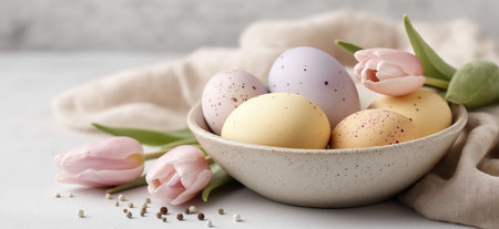 Delicate pastel Easter eggs with fresh tulips creating a soft still life. Easter background. Pastel...