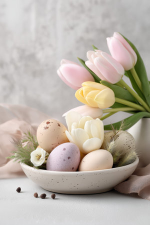 Delicate pastel Easter eggs with fresh tulips creating a soft still life. Easter background. Pastel...
