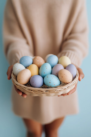 Person holding a small basket filled with colorful speckled Easter eggs in hands. Easter background....