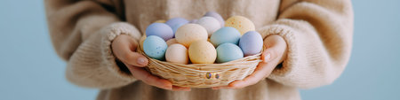 Person holding a small basket filled with colorful speckled Easter eggs in hands. Easter background. Person holding woven basket with pastel Easter eggsの写真素材