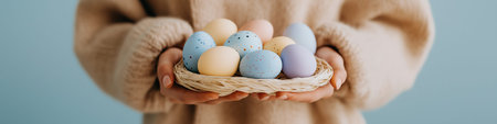 Person holding a small basket filled with colorful speckled Easter eggs in hands. Easter background. Person holding woven basket with pastel Easter eggsの写真素材
