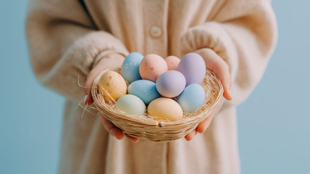 Person holding a small basket filled with colorful speckled Easter eggs in hands. Easter background. Person holding woven basket with pastel Easter eggsの写真素材