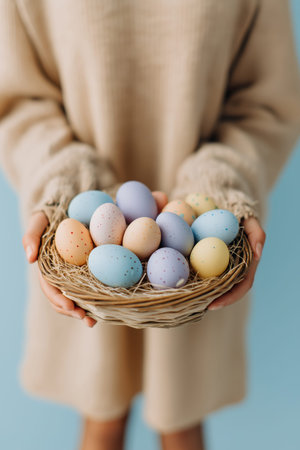 Person holding a small basket filled with colorful speckled Easter eggs in hands. Easter background. Person holding woven basket with pastel Easter eggsの写真素材