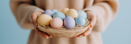 Person holding a small basket filled with colorful speckled Easter eggs in hands. Easter background....